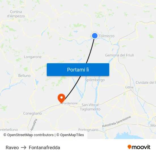 Raveo to Fontanafredda map