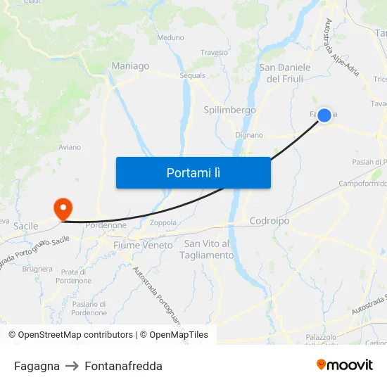 Fagagna to Fontanafredda map