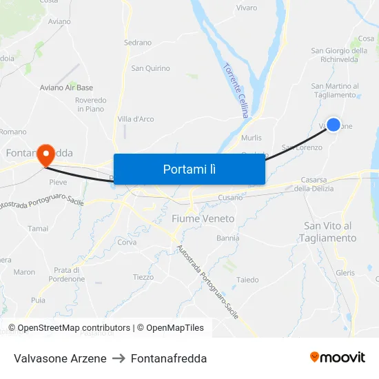 Valvasone Arzene to Fontanafredda map