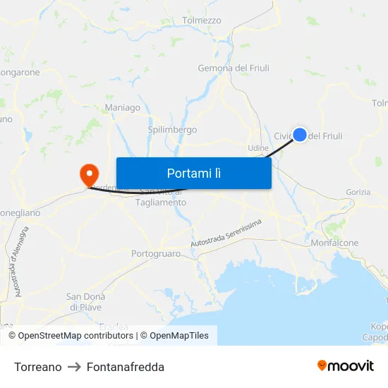 Torreano to Fontanafredda map