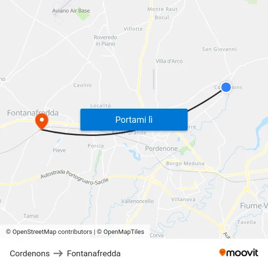 Cordenons to Fontanafredda map