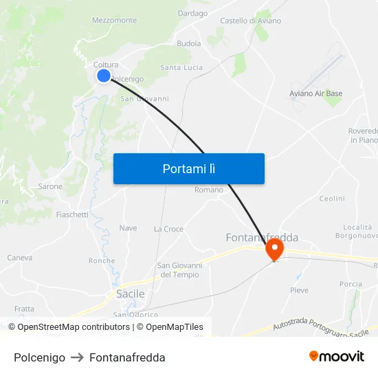 Polcenigo to Fontanafredda map