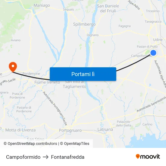 Campoformido to Fontanafredda map