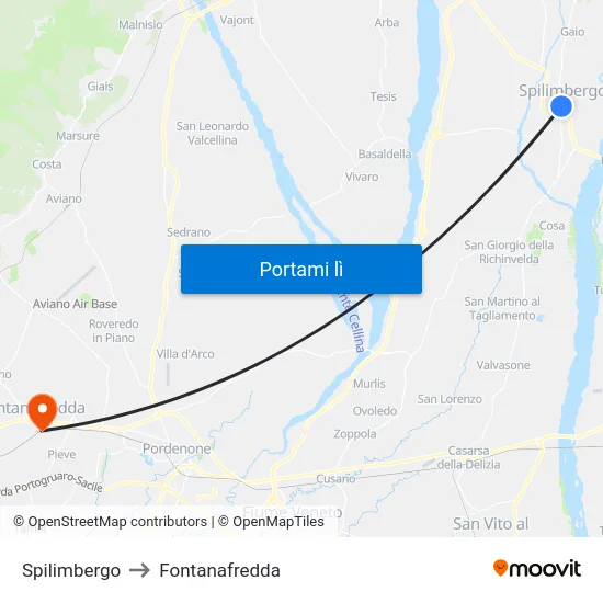 Spilimbergo to Fontanafredda map