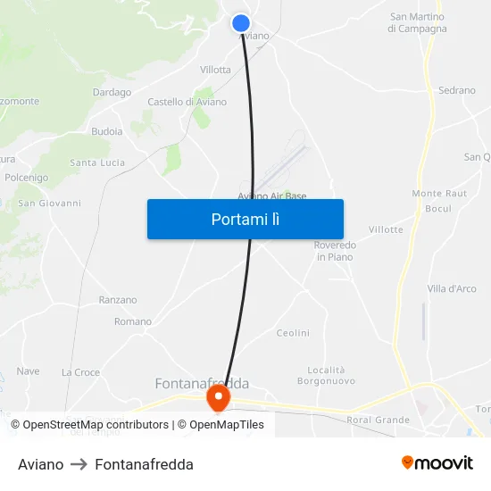 Aviano to Fontanafredda map