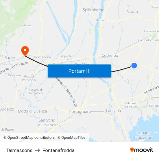 Talmassons to Fontanafredda map