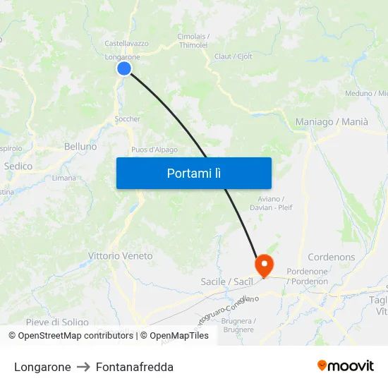 Longarone to Fontanafredda map