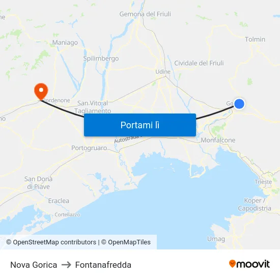 Nova Gorica to Fontanafredda map