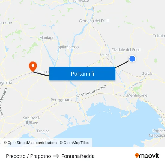Prepotto / Prapotno to Fontanafredda map