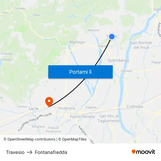 Travesio to Fontanafredda map