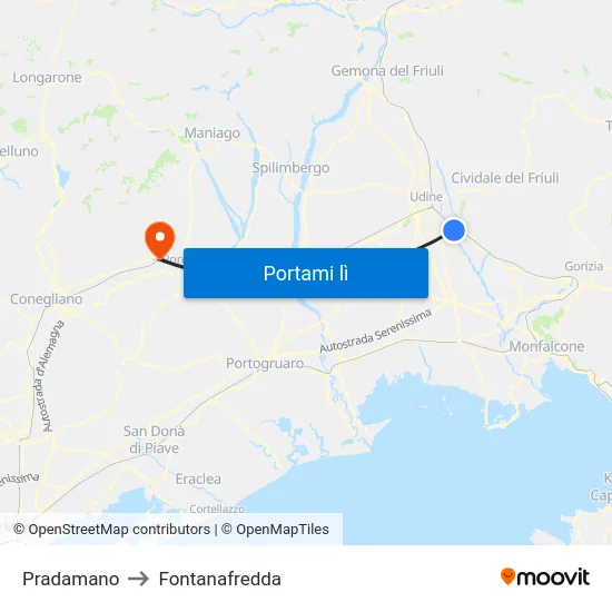 Pradamano to Fontanafredda map