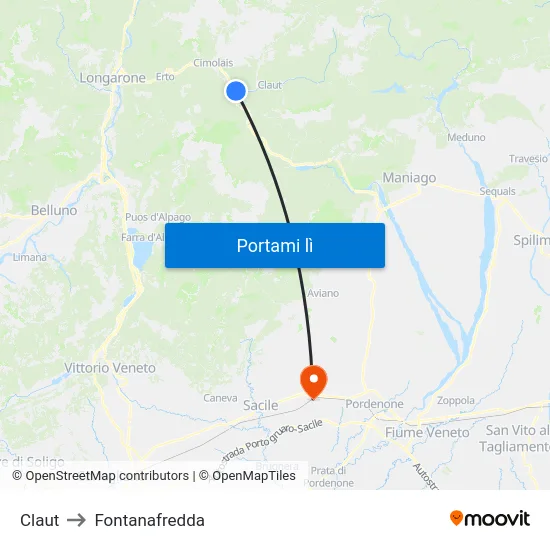 Claut to Fontanafredda map