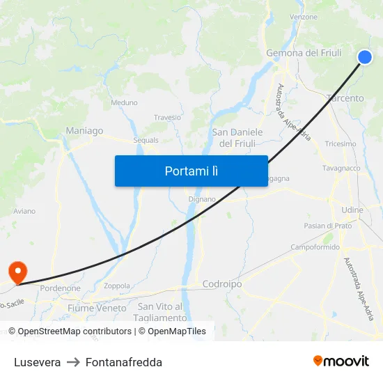 Lusevera to Fontanafredda map