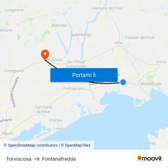 Torviscosa to Fontanafredda map