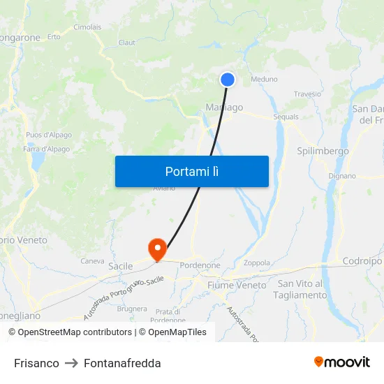 Frisanco to Fontanafredda map