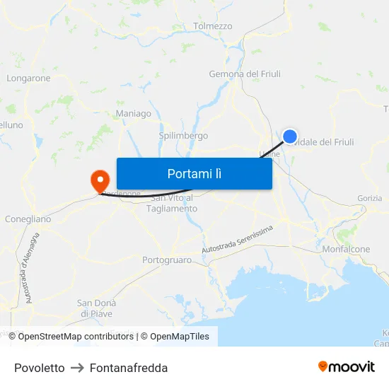 Povoletto to Fontanafredda map