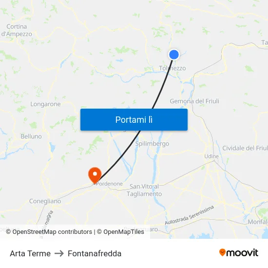 Arta Terme to Fontanafredda map
