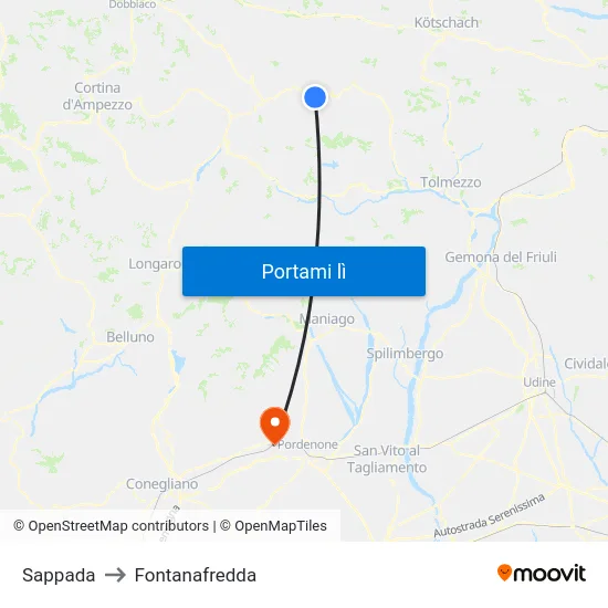 Sappada to Fontanafredda map