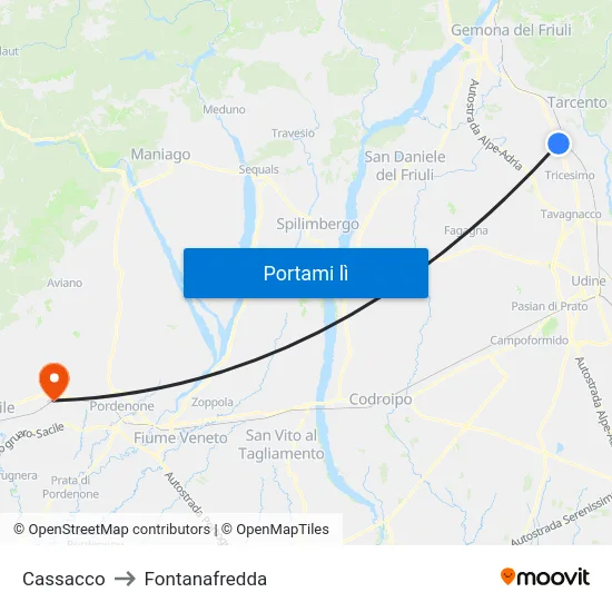 Cassacco to Fontanafredda map