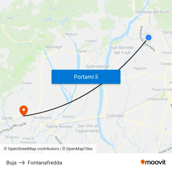 Buja to Fontanafredda map