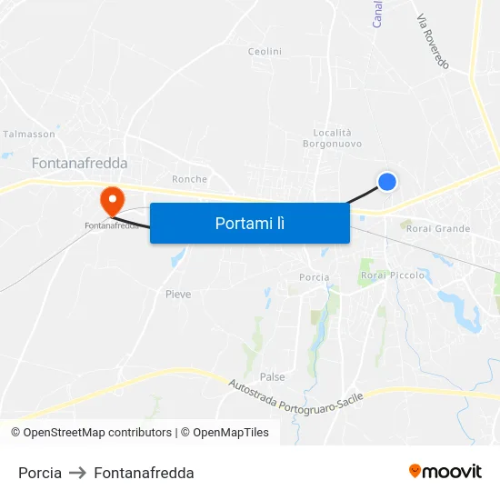 Porcia to Fontanafredda map