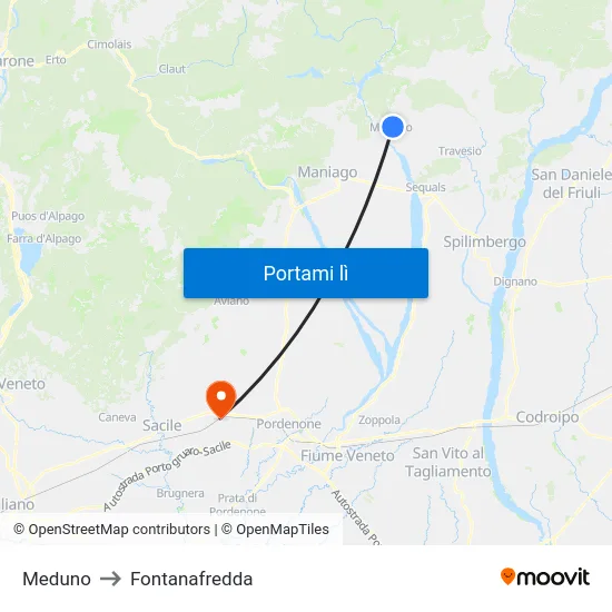 Meduno to Fontanafredda map