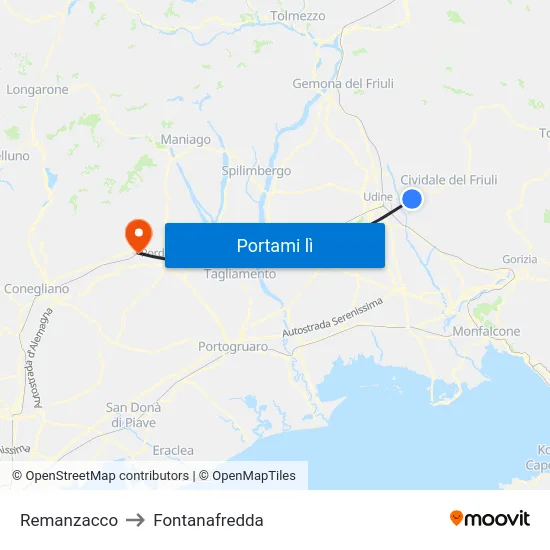 Remanzacco to Fontanafredda map
