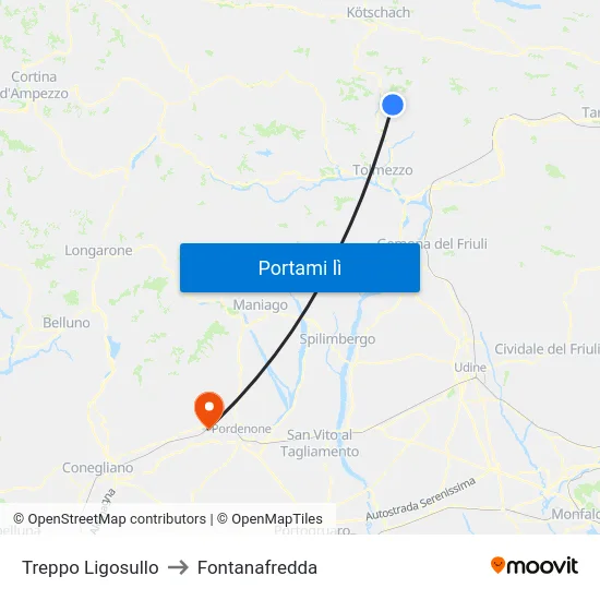 Treppo Ligosullo to Fontanafredda map