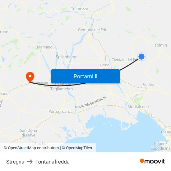 Stregna to Fontanafredda map