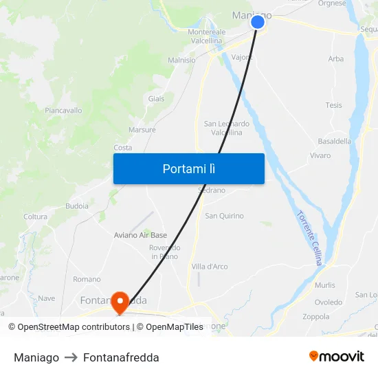 Maniago to Fontanafredda map
