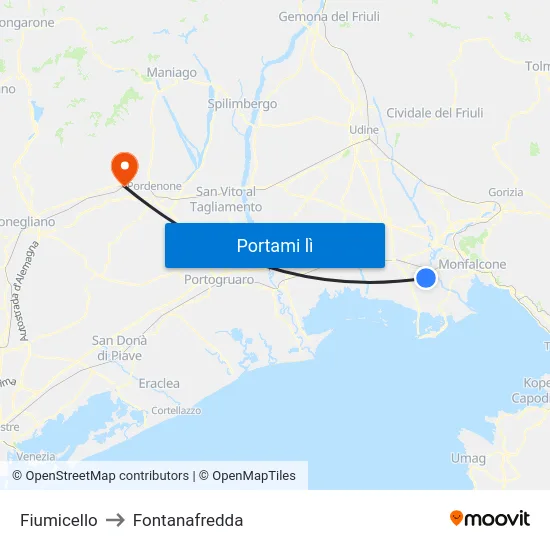 Fiumicello to Fontanafredda map