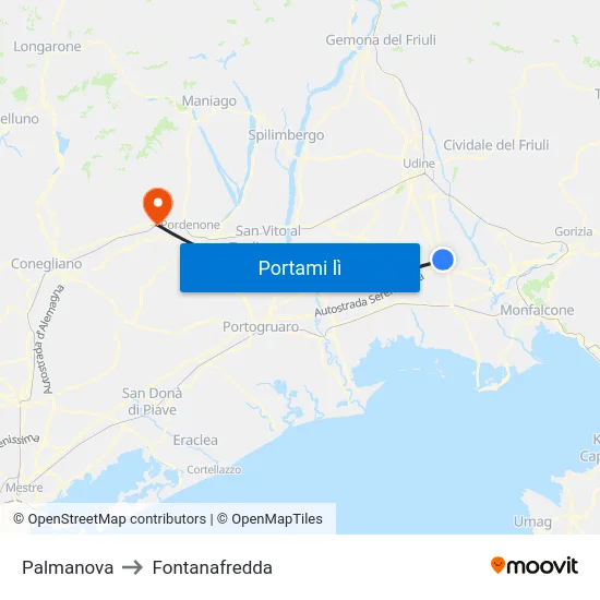 Palmanova to Fontanafredda map