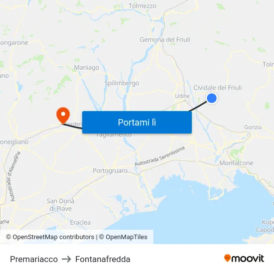 Premariacco to Fontanafredda map