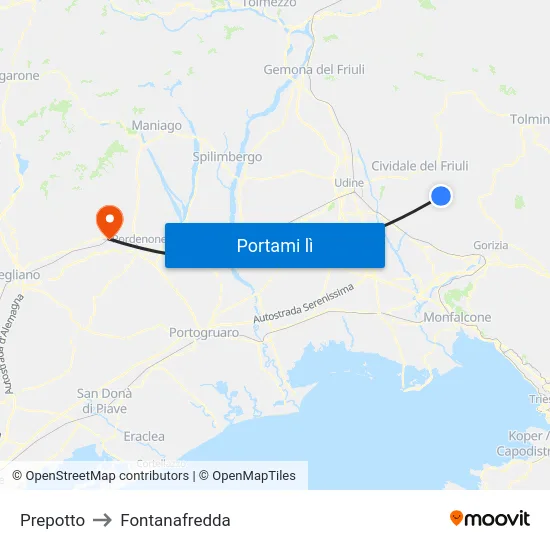 Prepotto to Fontanafredda map