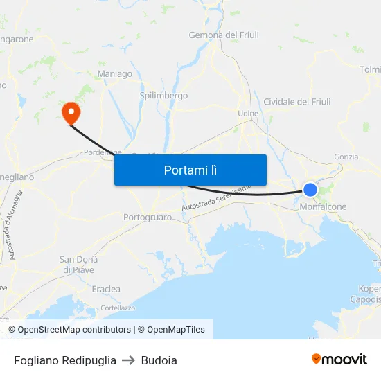 Fogliano Redipuglia to Budoia map