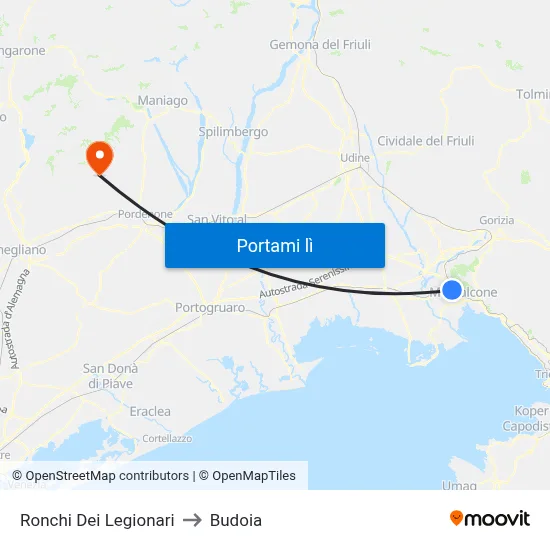 Ronchi Dei Legionari to Budoia map