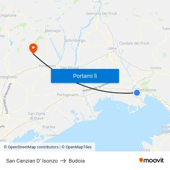 San Canzian D' Isonzo to Budoia map