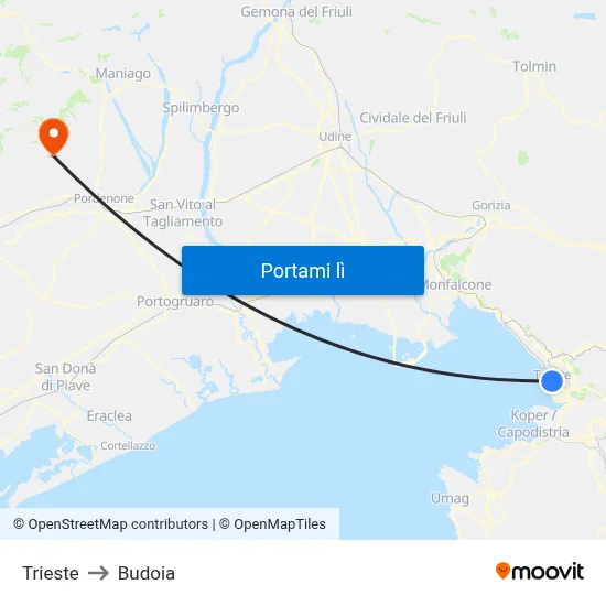 Trieste to Budoia map