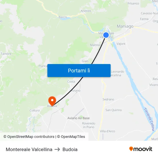 Montereale Valcellina to Budoia map