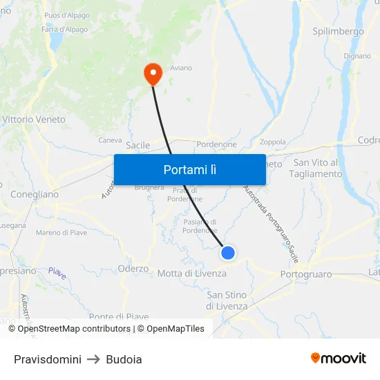 Pravisdomini to Budoia map