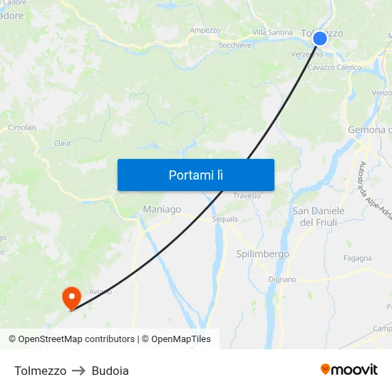 Tolmezzo to Budoia map