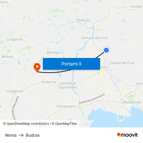 Nimis to Budoia map