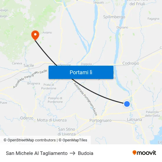 San Michele Al Tagliamento to Budoia map