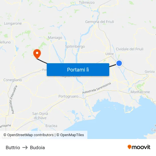 Buttrio to Budoia map