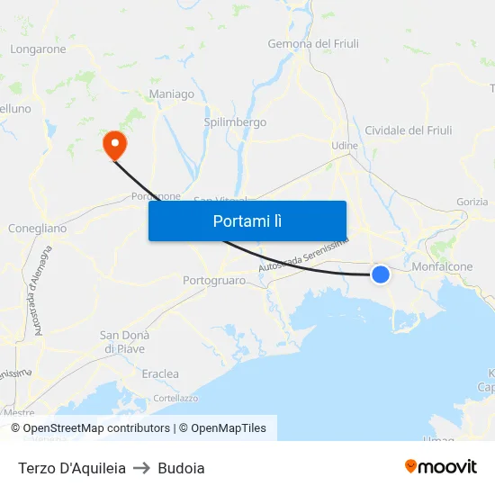 Terzo D'Aquileia to Budoia map