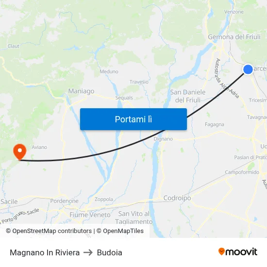 Magnano In Riviera to Budoia map