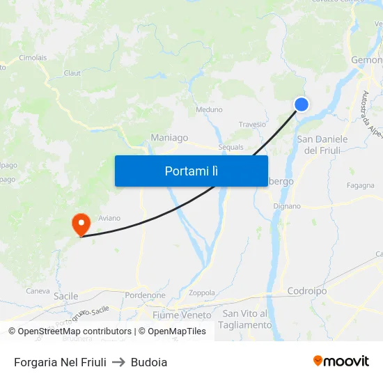 Forgaria Nel Friuli to Budoia map