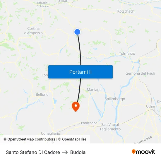 Santo Stefano Di Cadore to Budoia map