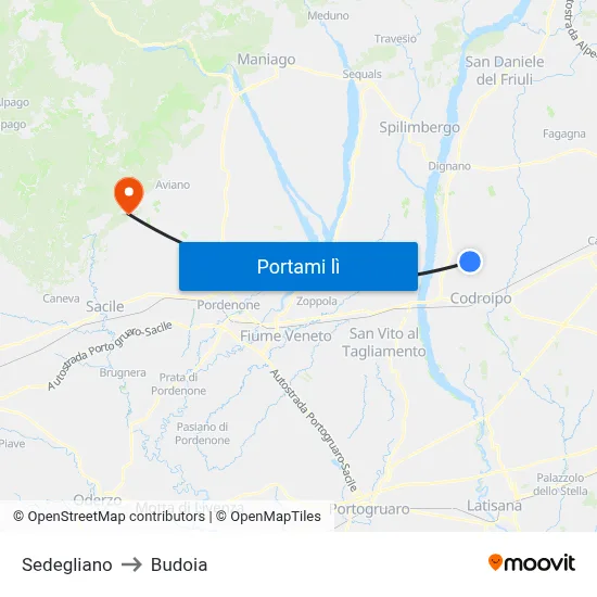 Sedegliano to Budoia map