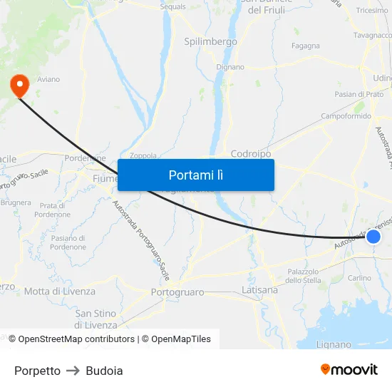 Porpetto to Budoia map